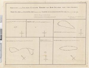iii. Croquis des îles Lagoon, Thrum-Cap, Bow-Island, les Deux Groupes, Bird Island et Chain Island, situées dans le Sud, Mer... découvertes en avril 1769 - James Cook
