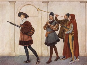 Le Marchand de Venise de Shakespeare : Entrée des musiciens (lithographie en couleur) - James Dromgole Linton