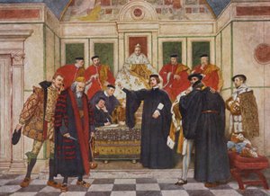 Le Marchand de Venise de Shakespeare : Shylock, Portia, Bassanio, Antonio, Gratiano et Nerissa (lithographie en couleur) - James Dromgole Linton