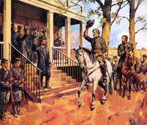 Le général Lee et son cheval "Traveller" se rendent au général Grant.