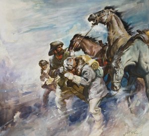 Hommes et chevaux affrontant une tempête (gouache sur papier) - James Edwin McConnell