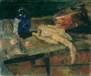 Nature morte avec bouteille bleue et poulet plumé - James Ensor