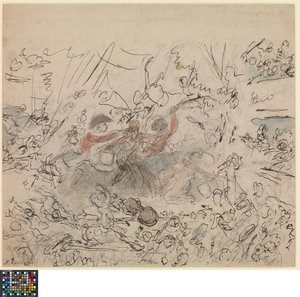 Néerlandais : Le spectacle du monde : les guerres napoléoniennes (recto).  Liste de sujets "dignes du talent des artistes britanniques" (verso)