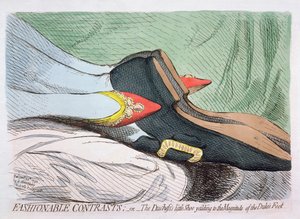 Contrastes à la mode, ou la petite chaussure de la duchesse cédant à la grandeur du pied du duc, publié par Hannah Humphrey en 1792