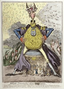 Midas transformant tout en or, publié par Hannah Humphrey en 1797 (eau-forte coloriée à la main)