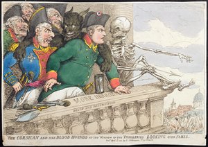 Le Corse et ses chiens de sang à la fenêtre des Tuileries, regardant Paris, publié par Hannah Humphrey en 1815 - James Gillray