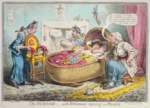 La crèche ! avec Britannia reposant en paix, publié par Hannah Humphrey en 1802 (eau-forte coloriée à la main)