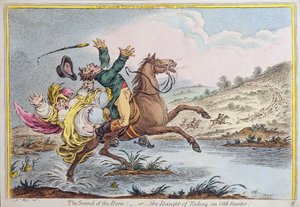 Le son du cor, ou Le danger de monter un vieux chasseur, publié par Hannah Humphrey en 1807 (eau-forte coloriée à la main)