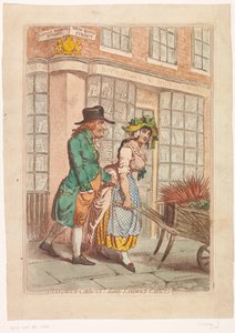 Femme avec une brouette de carottes devant la vitrine du libraire Robert Faulder à Londres - James Gillray