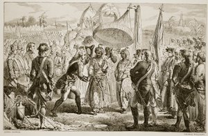 La rencontre de Lord Clive avec Meer Jaffier, après la bataille de Plassey, gravée par Thomas Williams