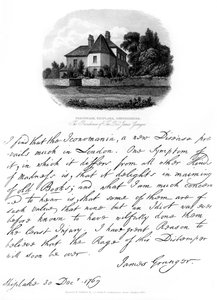 Lettre du révérend James Granger et vue de sa résidence à Shiplake, 1769, 1840 - James Granger