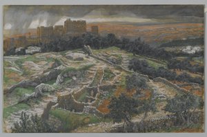Reconstruction du Golgotha et du Saint-Sépulcre, vue depuis la porte judiciaire, illustration de La vie de notre Seigneur Jésus-Christ - James Jacques Joseph Tissot