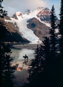 Cheval solitaire, cavalier réfléchissant sur le lac au pied du plus haut sommet du Canada. Mont Robson...