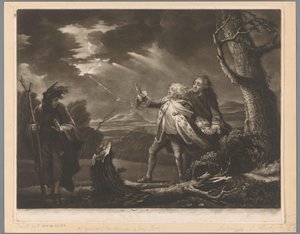 David Garrick comme roi Lear avec le comte de Kent et Edgar déguisé en Tom dans un paysage orageux