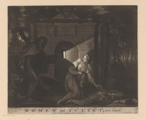 Juliette agenouillée près du corps de Roméo regardant un moine avec une lanterne (Romeo and Juliet, Act V. Scene IV.) - James McArdell