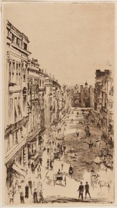 Rue St. James ; reproduction lithographique inversée de la gravure "Rue St. James," pour <u>Vanity Fair</u>, Londres, 1878