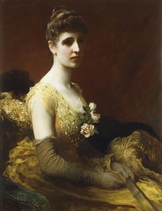 Portrait de Lady Dixon de Rheda, trois-quarts longueur, assise portant une robe jaune avec des fleurs tenant un éventail