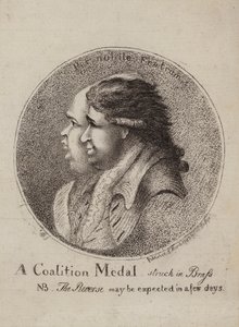 Médaille de coalition, frappée en laiton : satire sur la coalition des politiciens britanniques Lord North et Charles James Fox, 1783