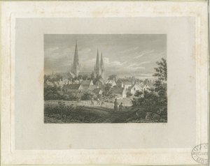 Cathédrale de Lichfield - Vue nord-nord-ouest (lointaine) : gravure, nd [vers 1816] - James Storer