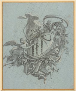 Un blason avec une corne et trois chaînes soutenu par un ange et deux putti - James Thornhill