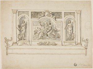 Neptune et Amphitrite flanqués de Jupiter et Junon : Design for Painted Hall or Garden Bench - James Thornhill