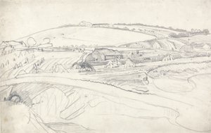 Paysage avec ferme et gerbes de maïs