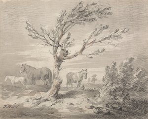Paysage avec trois chevaux et un arbre au premier plan - James Ward