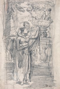 Deux jeunes filles (ou dame et enfant) sur une terrasse de jardin près d