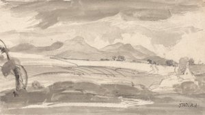 Vue sur les champs et les montagnes lointaines, avec un chalet à droite - James Ward