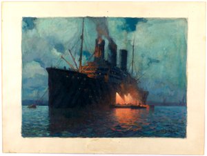 Coaling a Transport at Night, c.1919 (huile sur carton) - James de Vine Aylward
