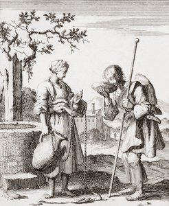 Une femme donne à boire à un pèlerin