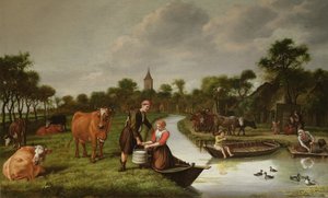 Paysage fluvial avec un couple portant une baratte à lait - Jan 1620 76 Victors
