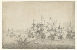 Une bataille navale, peut-être à Lowestoft le 13 juin 1665 (feuille de gauche) - Jan Abrahamsz. Beerstraten (possibly)