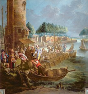 Scène de canal avec marchand de vin déchargeant des barils - Jan Anton Garemyn
