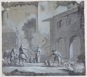 Scène de rue avec une porte ouverte, des figures et des animaux