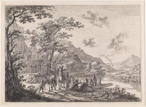 Paysage avec des voyageurs attendant un bac sur la rive du Tibre - Jan Both