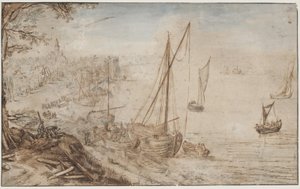 Paysage fluvial. Au premier plan, un bateau chargé et des hommes coupant des planches - Jan Brueghel d.Æ.