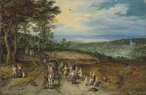 Vaste paysage boisé avec des voyageurs sur un chemin et des paysans dansant au premier plan / Landscape with Travellers and Peasants on a Track - Jan Brueghel the Elder
