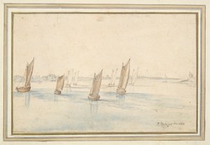Bateaux naviguant sur une rivière, une maison de campagne au loin