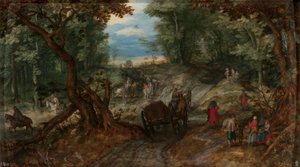 Forêt avec des charrettes traversant un ruisseau et des cavaliers - Jan Brueghel the Elder