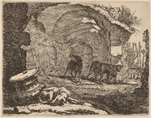 Quatre chiens, un dormant à côté d
