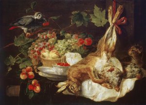 Lièvre, fruit et perroquet