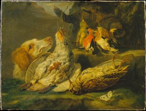 Stillleben mit Jagdhund und totem Geflügel