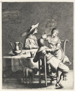 Fumeur soufflant de la fumée vers une femme (Geur) (De vijf zintuigen)