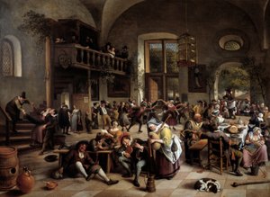 Fête dans une auberge Musiciens, joueurs, hommes et femmes buvant