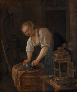 Femme récurant des ustensiles en métal - Jan Havicksz. Steen