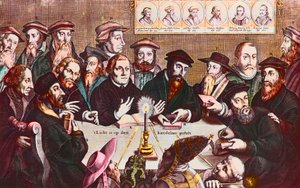 La lumière est placée sur le chandelier - Gravure de Jan Houwens montrant Les réformateurs - Jean Calvin et Martin Luther Rencontre imaginaire des leaders réformistes: John Wyclif