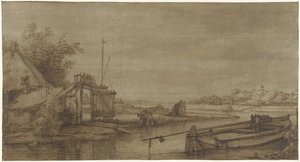Vue de canal avec ferme et bateau couché - Jan Hulswit (possibly)