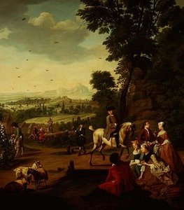 Une élégante partie de chasse au faucon se reposant dans un parc - Jan Josef the Younger Horemans