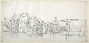 Un canal avec des bâtiments, y compris une maison de péage et un pont à péage, vers 1650